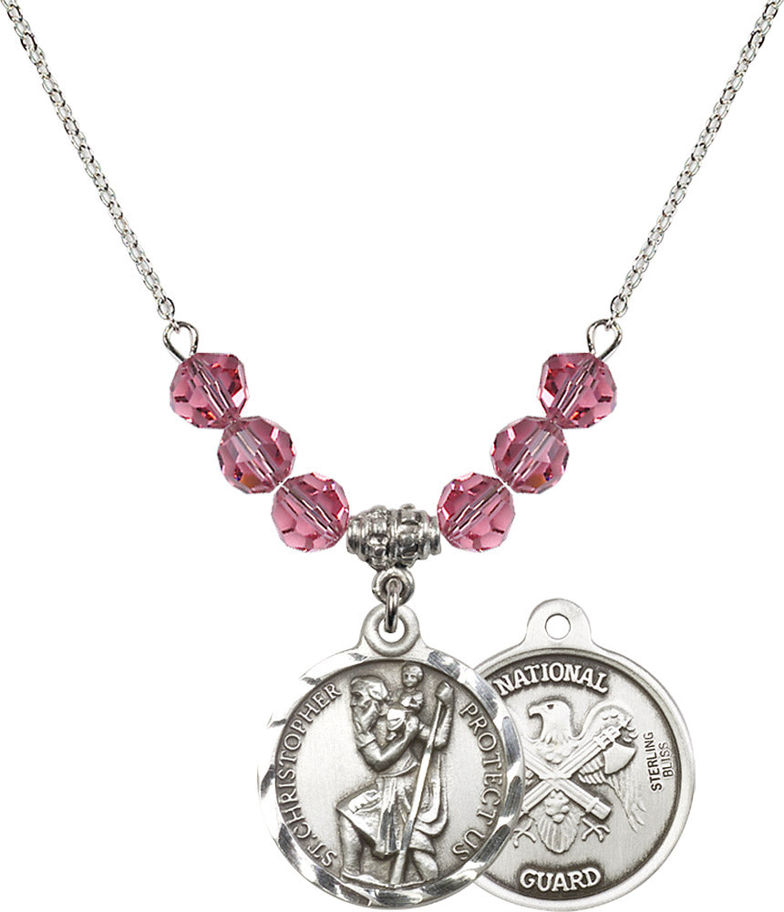 Sterling Silver Saint Christopher / Nat'l Guard Birthstone Necklace with Rose Beads - 0192