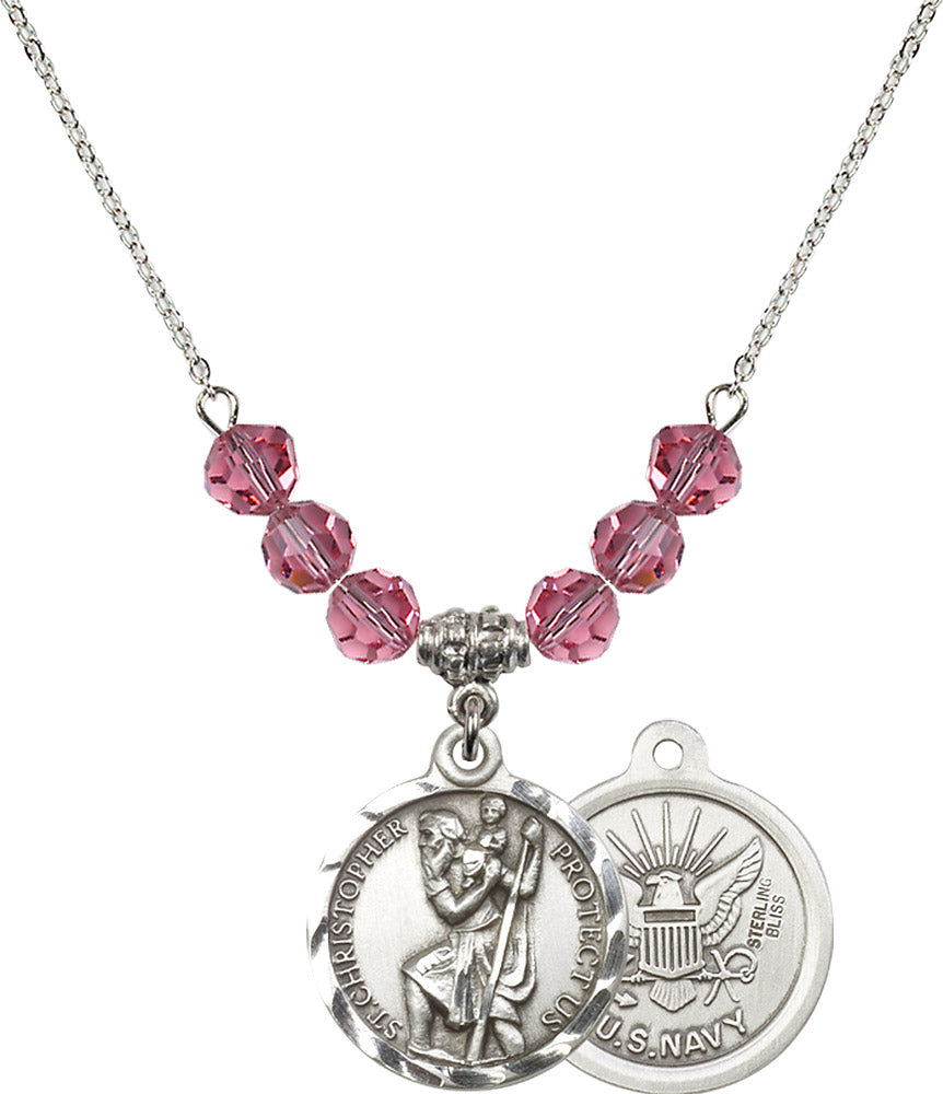 Sterling Silver Saint Christopher / Navy Birthstone Necklace with Rose Beads - 0192