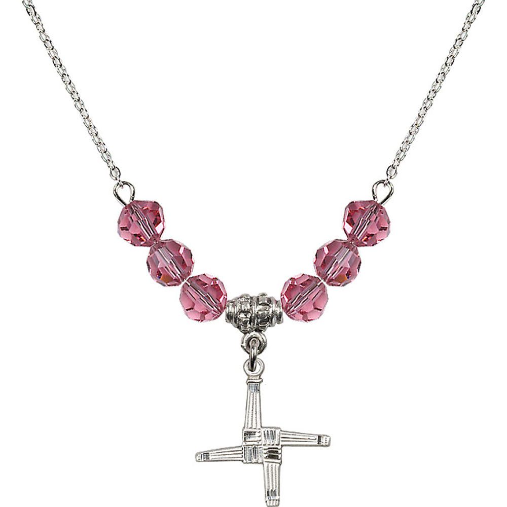 Sterling Silver Saint Brigid Cross Birthstone Necklace with Rose Beads - 0290