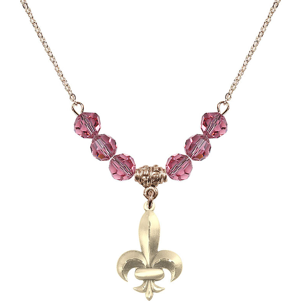 14kt Gold Filled Fleur de Lis Birthstone Necklace with Rose Beads - 0294
