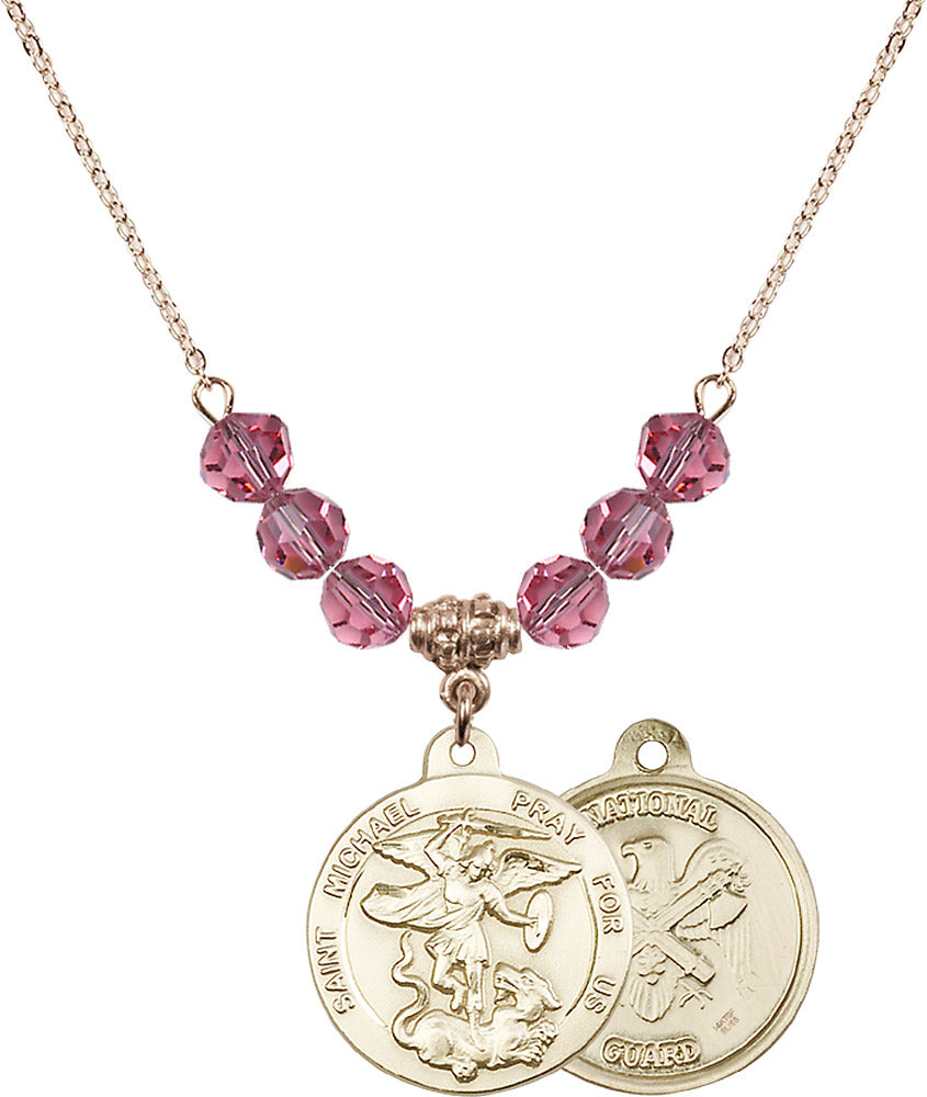 14kt Gold Filled Saint Michael / Nat'l Guard Birthstone Necklace with Rose Beads - 0342