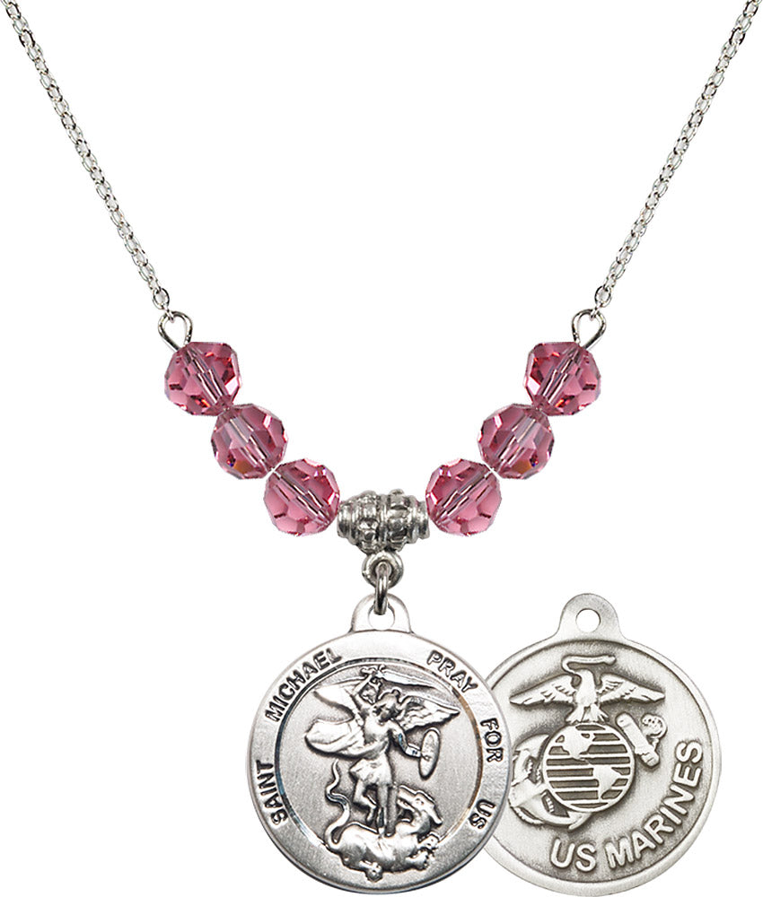 Sterling Silver Saint Michael / Marines Birthstone Necklace with Rose Beads - 0342