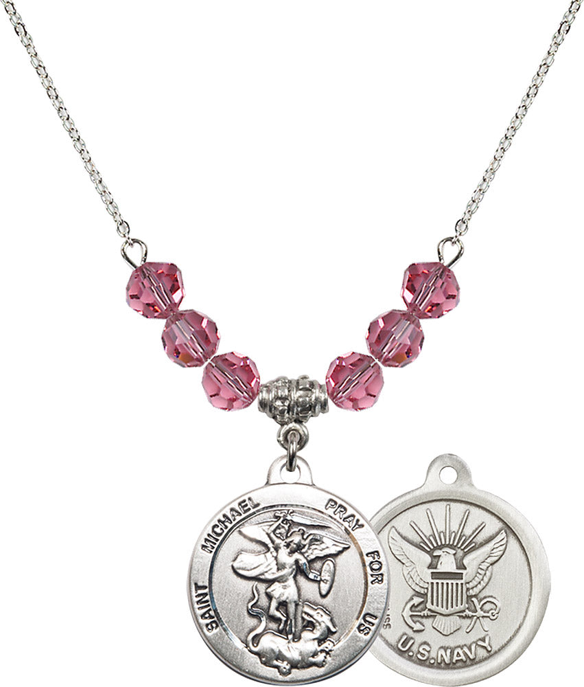 Sterling Silver Saint Michael / Navy Birthstone Necklace with Rose Beads - 0342
