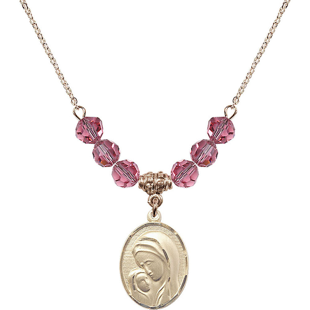 14kt Gold Filled Madonna & Child Birthstone Necklace with Rose Beads - 0447