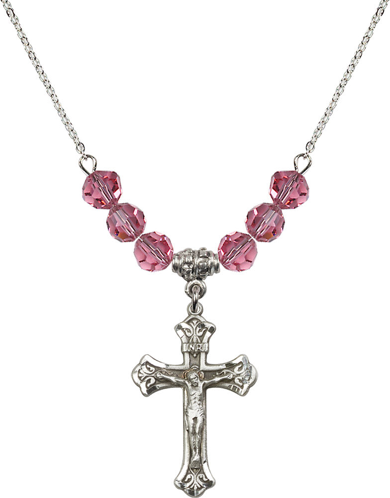 Sterling Silver Crucifix Birthstone Necklace with Rose Beads - 0622