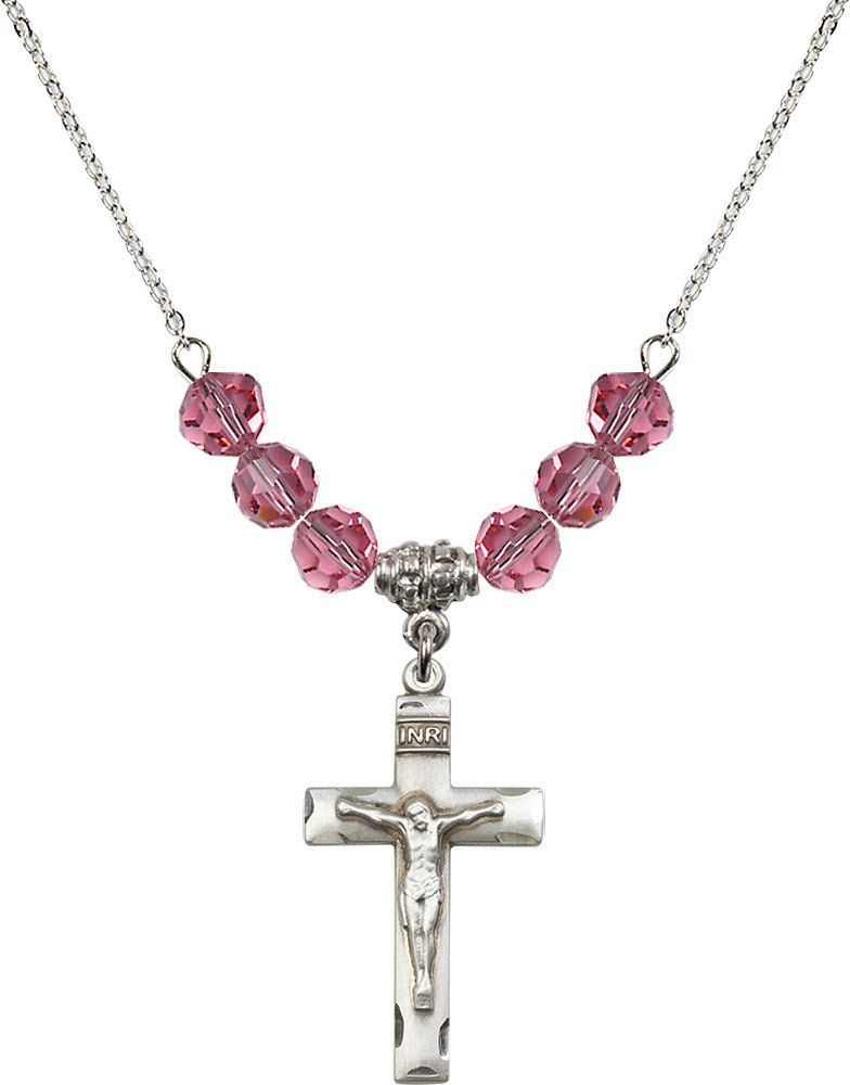 Sterling Silver Crucifix Birthstone Necklace with Rose Beads - 0624