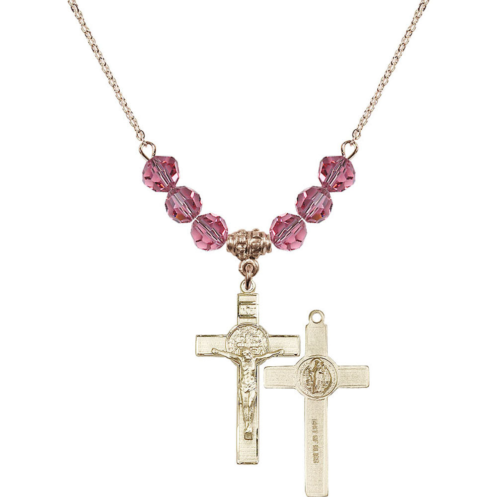 14kt Gold Filled Saint Benedict Crucifix Birthstone Necklace with Rose Beads - 0625