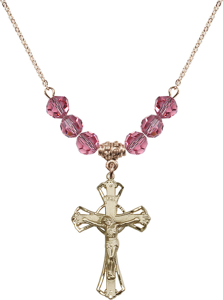 14kt Gold Filled Crucifix Birthstone Necklace with Rose Beads - 0659