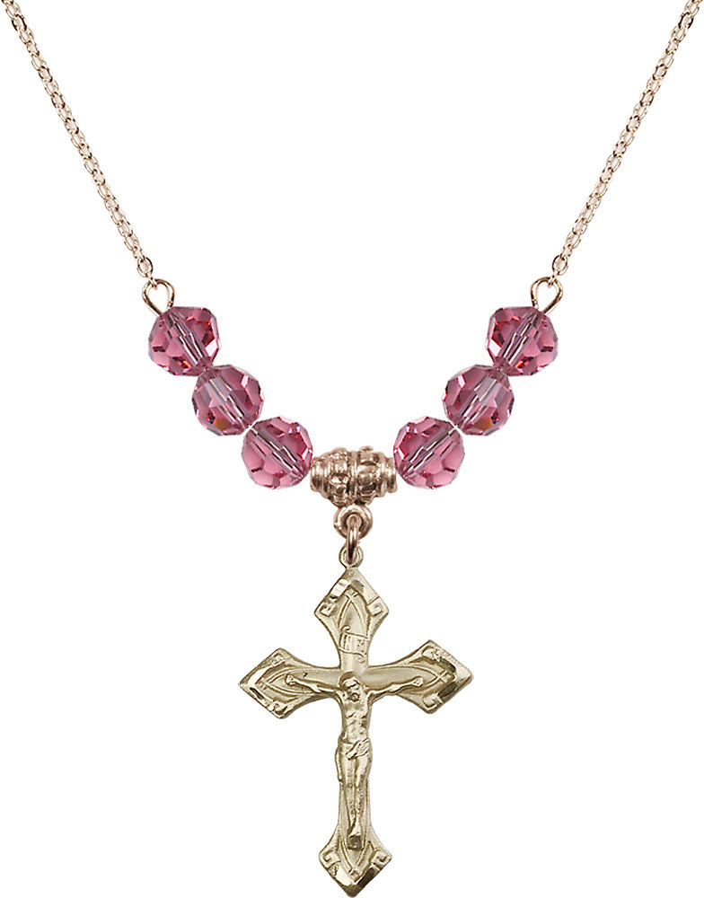 14kt Gold Filled Crucifix Birthstone Necklace with Rose Beads - 0663