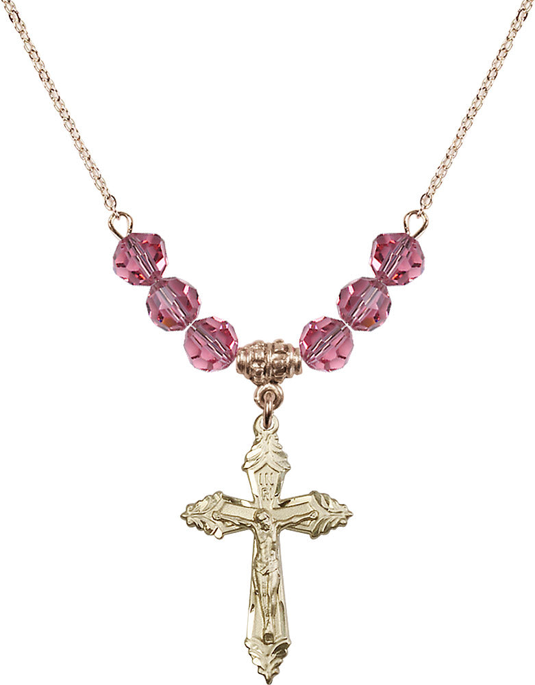 14kt Gold Filled Crucifix Birthstone Necklace with Rose Beads - 0665
