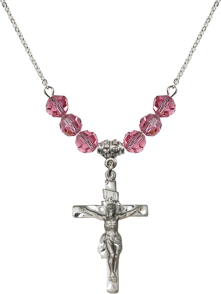 Sterling Silver Crucifix Birthstone Necklace with Rose Beads - 0668