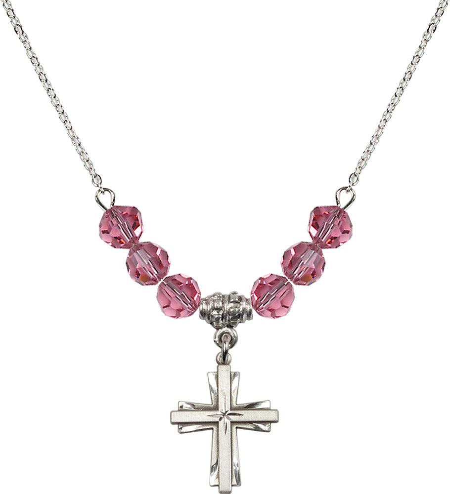 Sterling Silver Cross Birthstone Necklace with Rose Beads - 0675