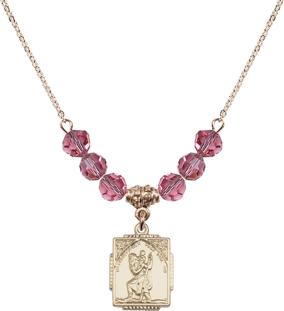 14kt Gold Filled Saint Christopher Birthstone Necklace with Rose Beads - 0804