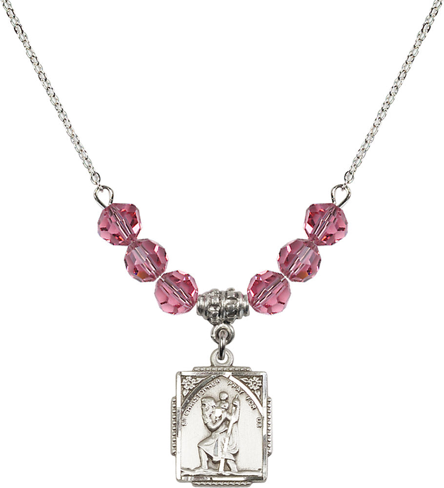 Sterling Silver Saint Christopher Birthstone Necklace with Rose Beads - 0804