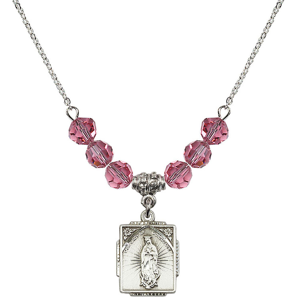 Sterling Silver Our Lady of Guadalupe Birthstone Necklace with Rose Beads - 0804