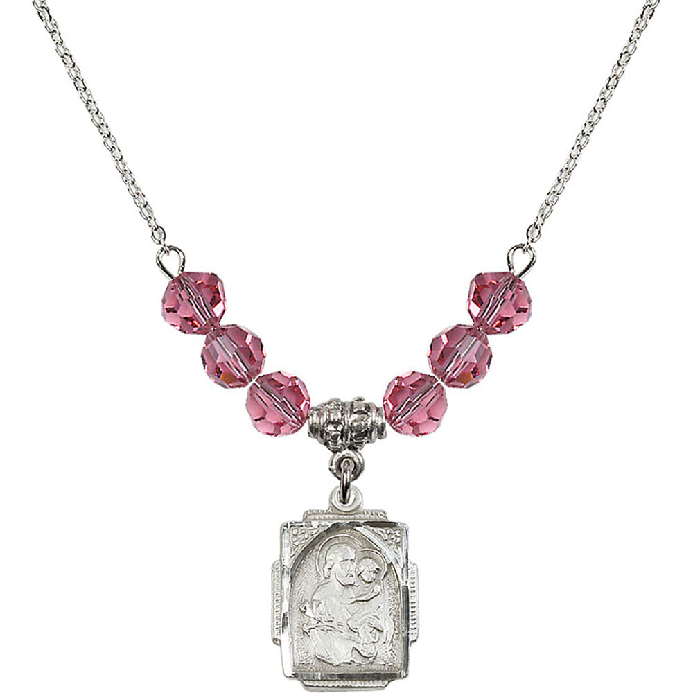 Sterling Silver Saint Joseph Birthstone Necklace with Rose Beads - 0804