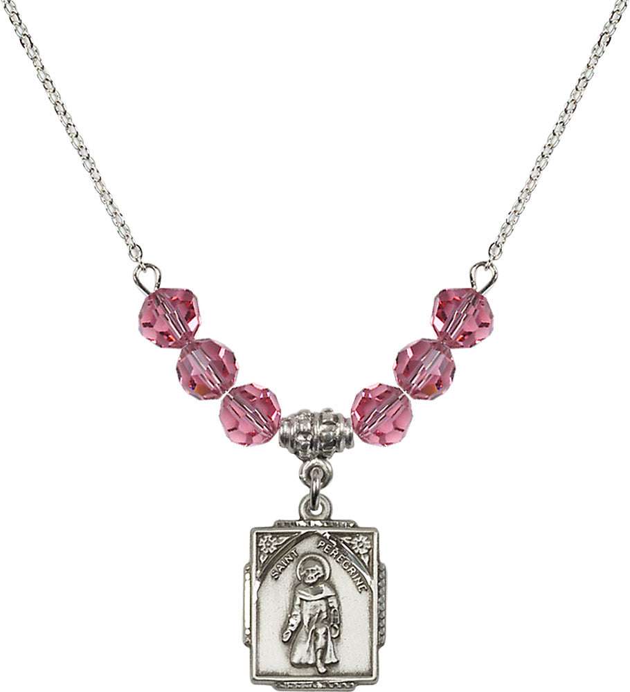 Sterling Silver Saint Peregrine Birthstone Necklace with Rose Beads - 0804