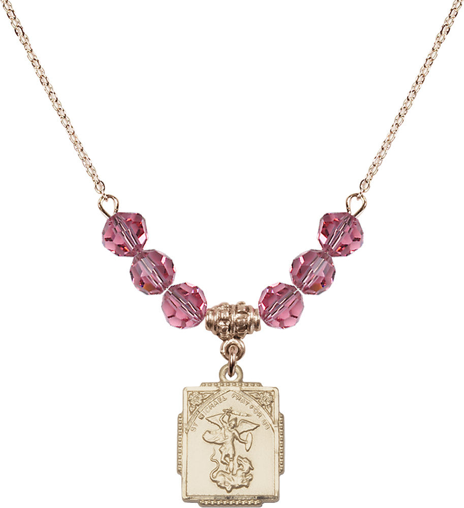 14kt Gold Filled Saint Michael the Archangel Birthstone Necklace with Rose Beads - 0804