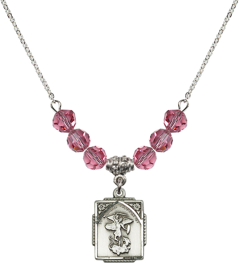 Sterling Silver Saint Michael the Archangel Birthstone Necklace with Rose Beads - 0804