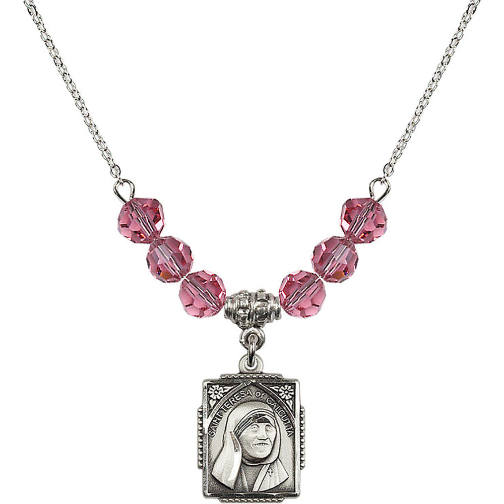 Sterling Silver Saint Teresa of Calcutta Birthstone Necklace with Rose Beads - 0804