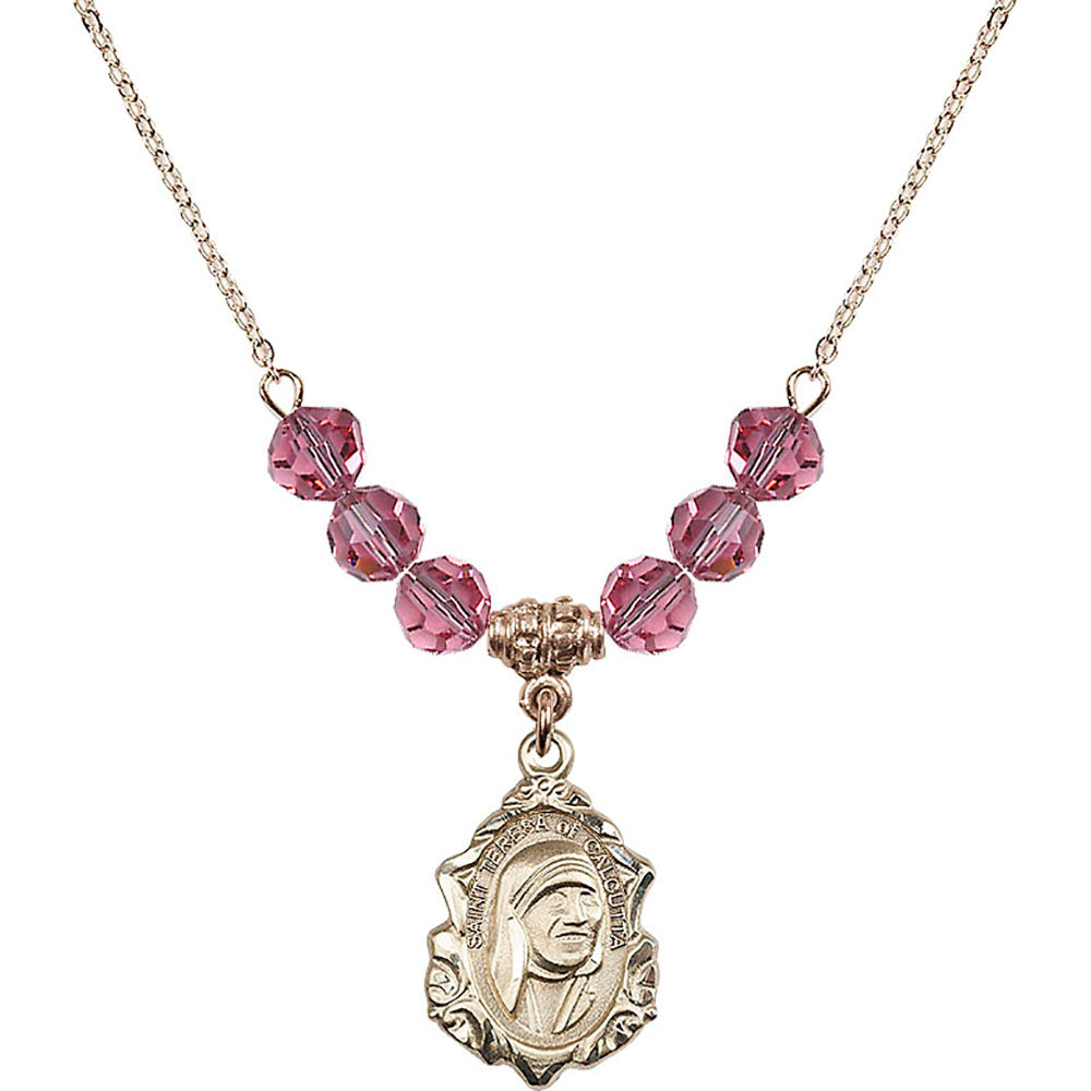 14kt Gold Filled Saint Teresa of Calcutta Birthstone Necklace with Rose Beads - 0812