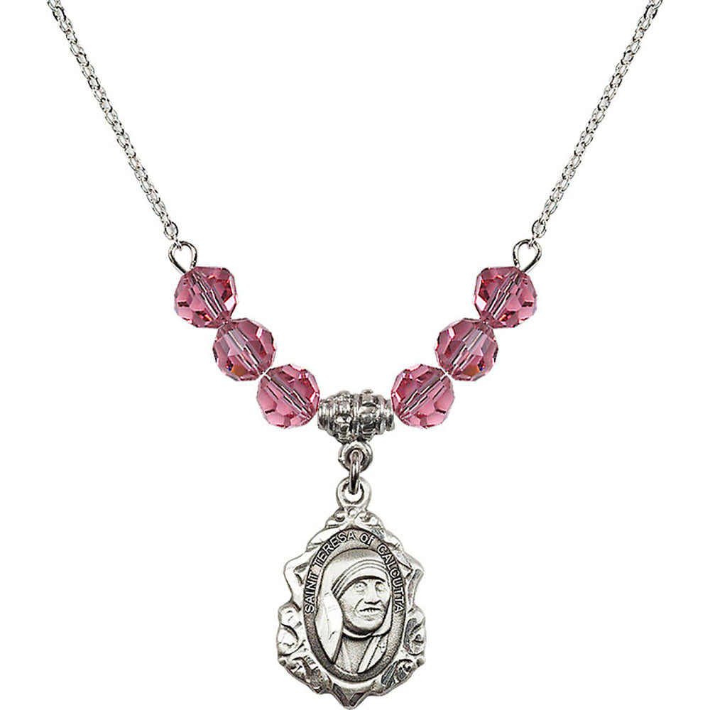 Sterling Silver Saint Teresa of Calcutta Birthstone Necklace with Rose Beads - 0812