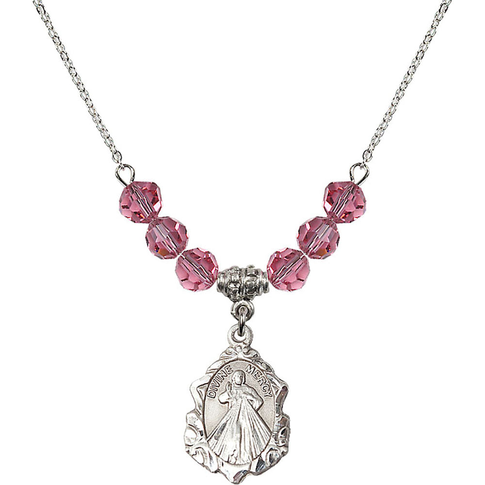 Sterling Silver Divine Mercy Birthstone Necklace with Rose Beads - 0822