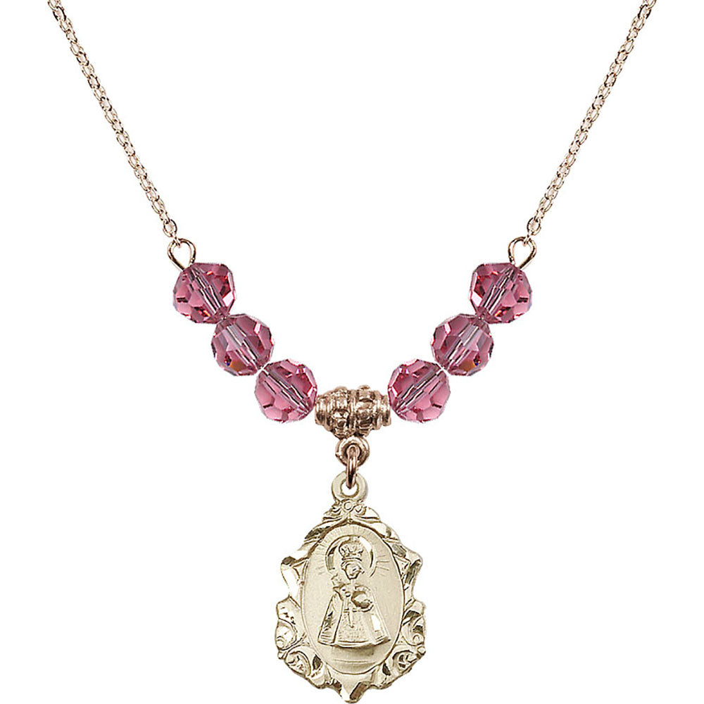 14kt Gold Filled Infant of Prague Birthstone Necklace with Rose Beads - 0822