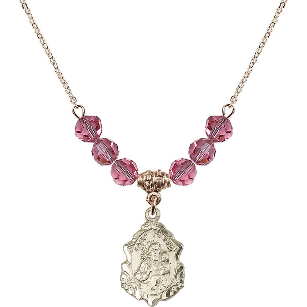 14kt Gold Filled Saint Joseph Birthstone Necklace with Rose Beads - 0822