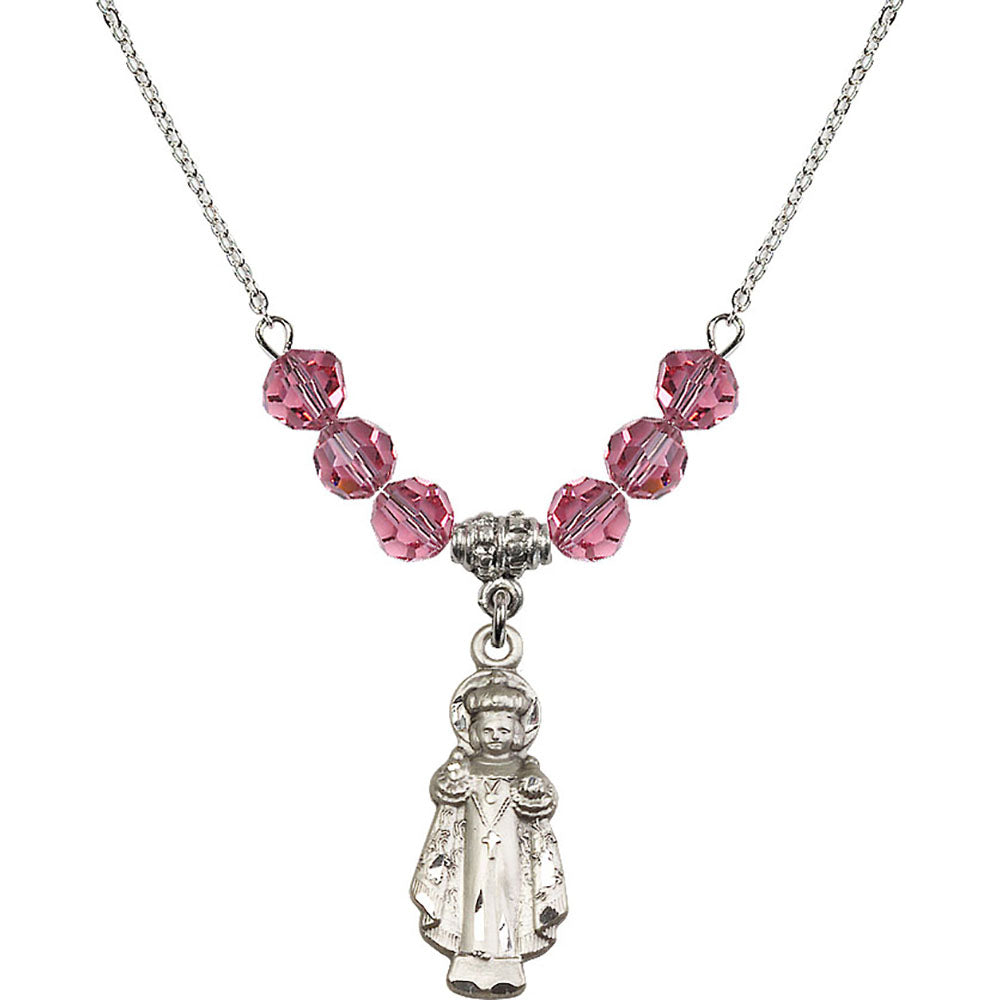 Sterling Silver Infant of Prague Birthstone Necklace with Rose Beads - 0824