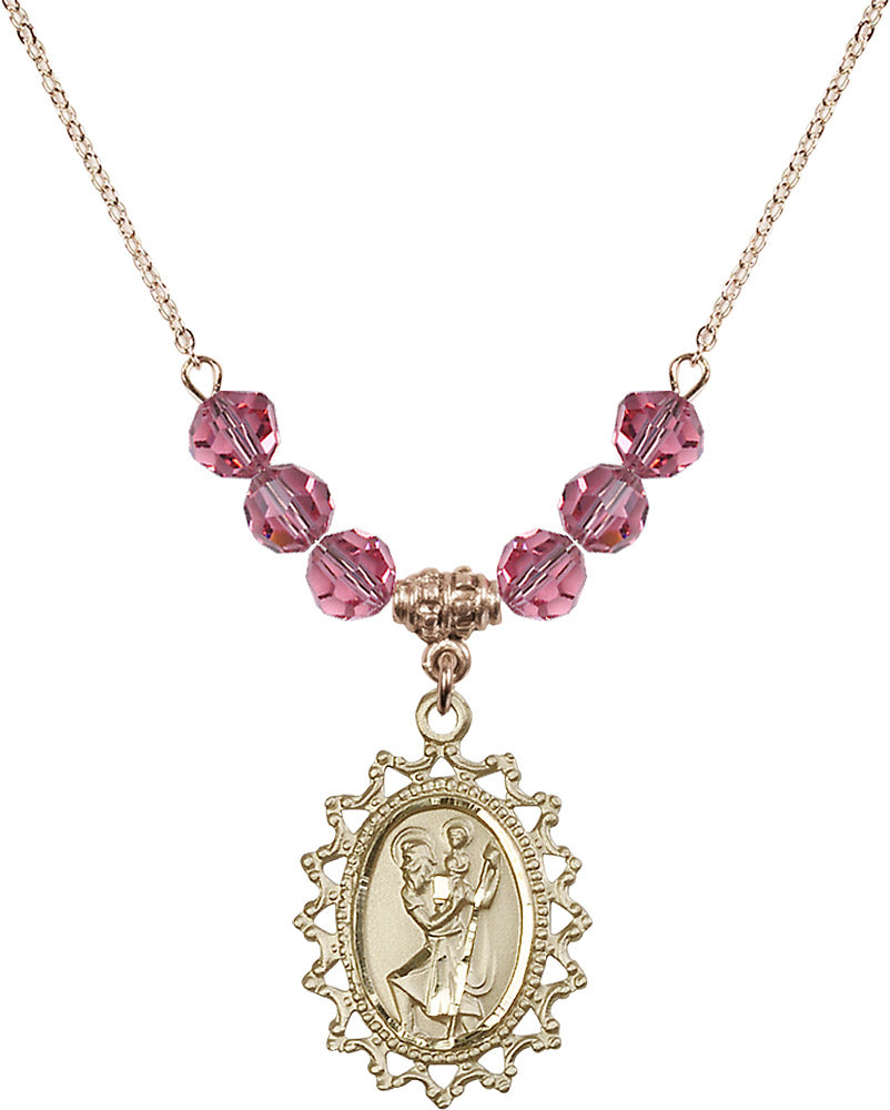 14kt Gold Filled Saint Christopher Birthstone Necklace with Rose Beads - 1619