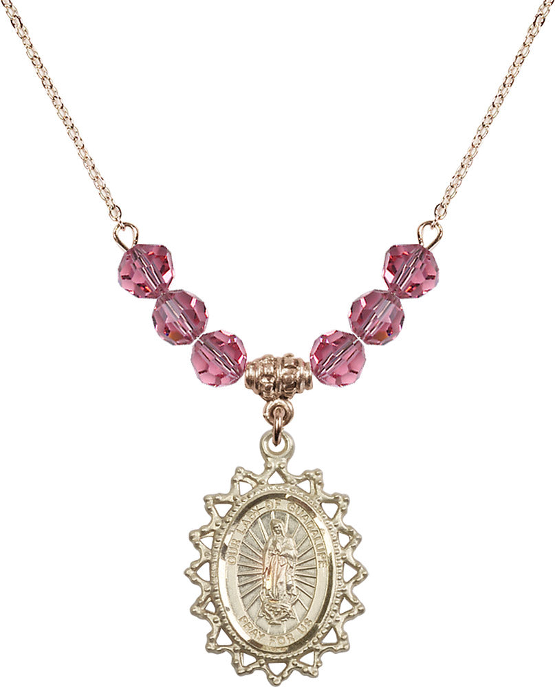 14kt Gold Filled Our Lady of Guadalupe Birthstone Necklace with Rose Beads - 1619