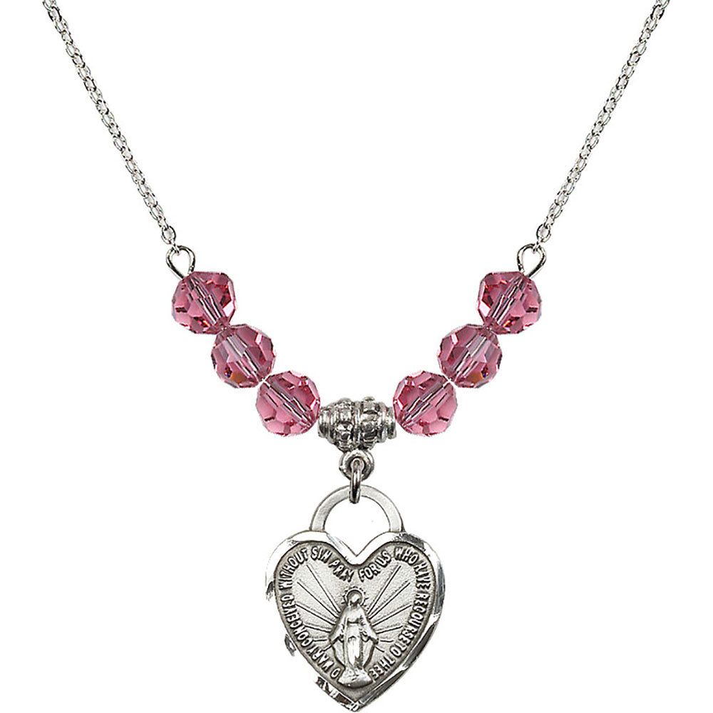 Sterling Silver Miraculous Heart Birthstone Necklace with Rose Beads - 3201