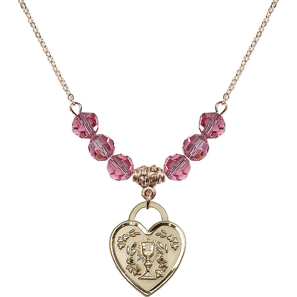 14kt Gold Filled Communion Heart Birthstone Necklace with Rose Beads - 3204