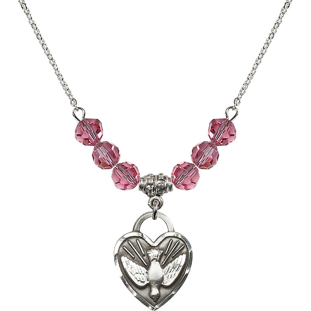 Sterling Silver Confirmation Heart Birthstone Necklace with Rose Beads - 3205
