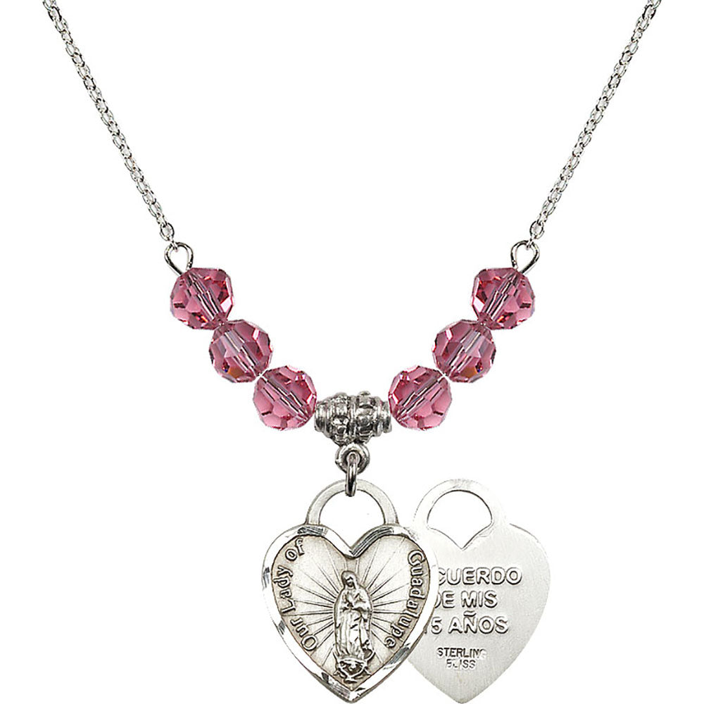 Sterling Silver Our Lady of Guadalupe Heart / Recuerdo Birthstone Necklace with Rose Beads - 3209