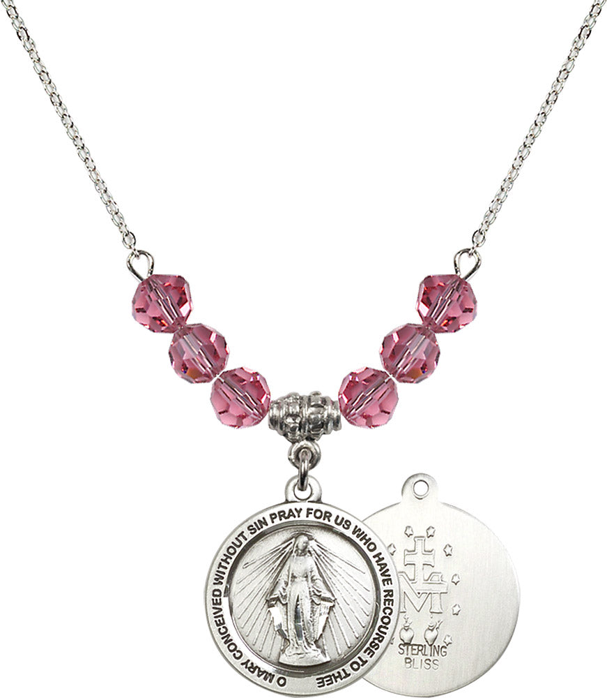 Sterling Silver Miraculous Birthstone Necklace with Rose Beads - 4056