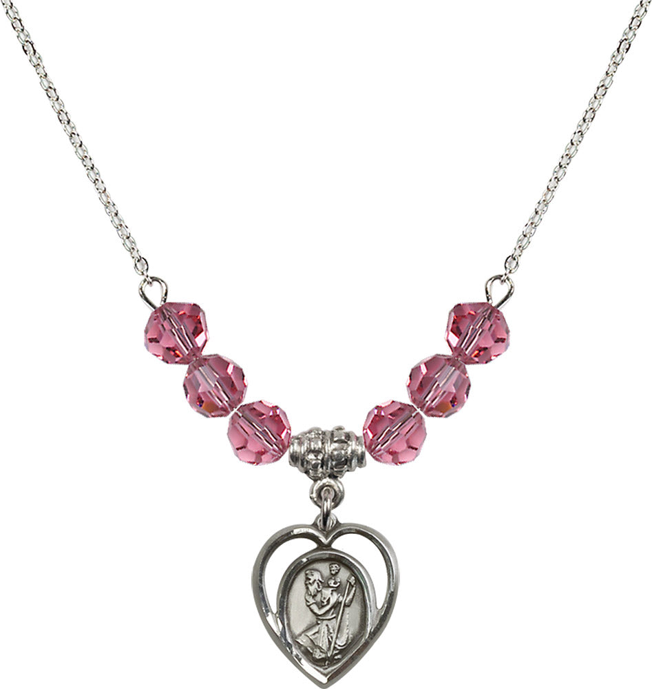Sterling Silver Saint Christopher Birthstone Necklace with Rose Beads - 4127
