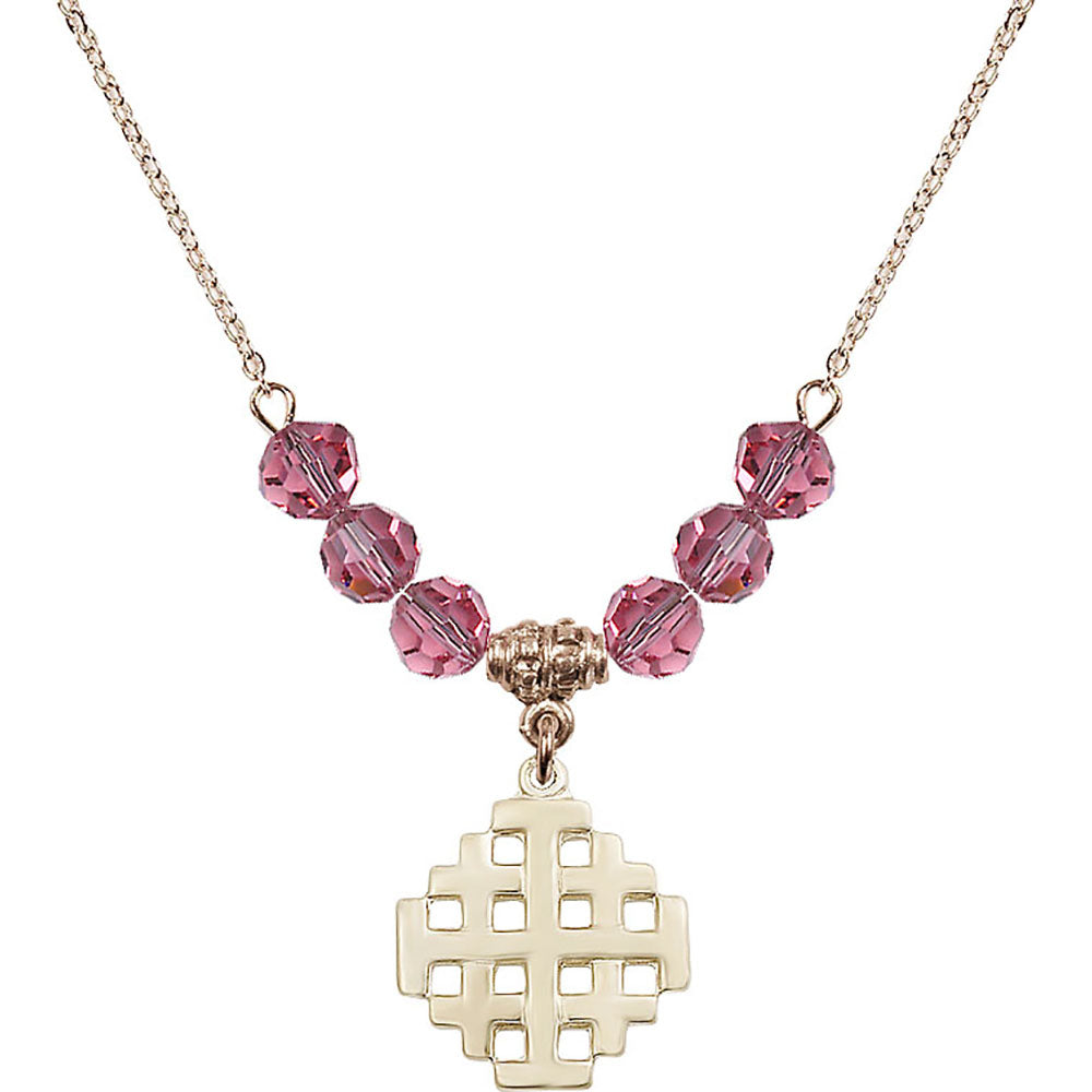 14kt Gold Filled Jerusalem Cross Birthstone Necklace with Rose Beads - 4139