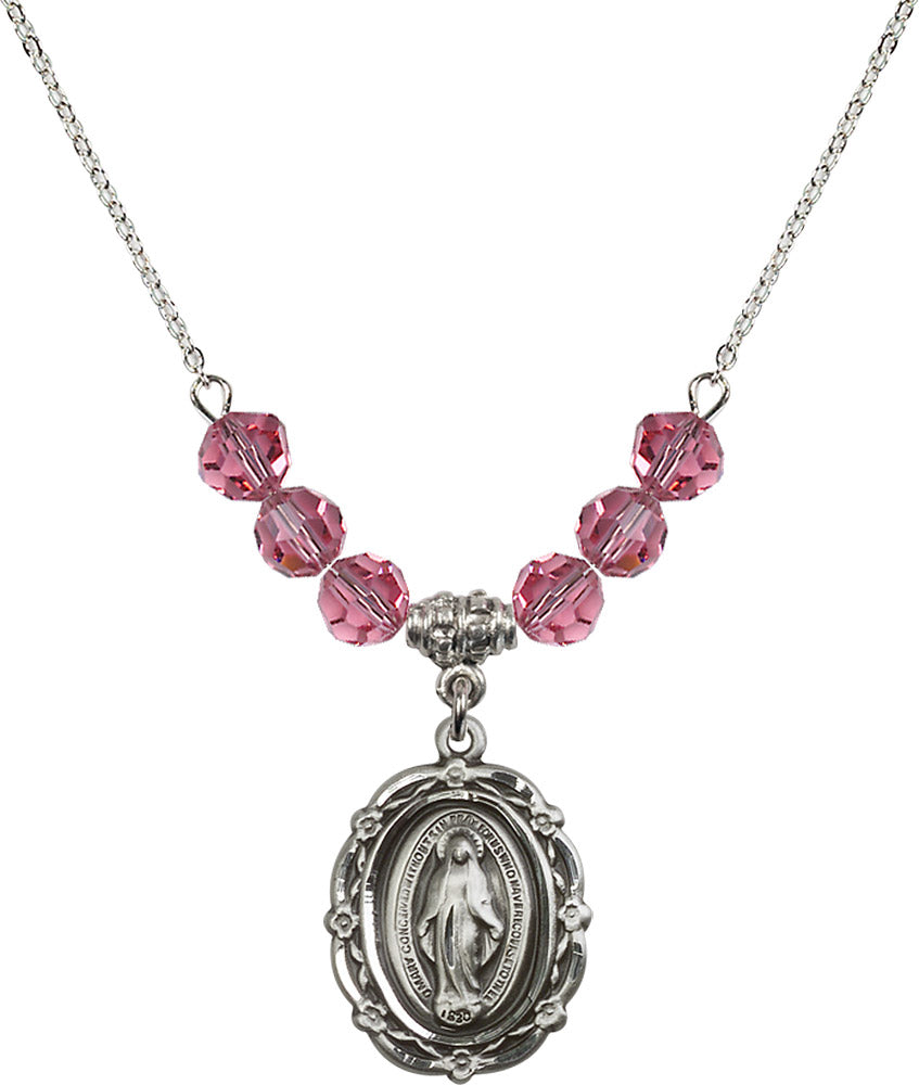 Sterling Silver Miraculous Birthstone Necklace with Rose Beads - 4146
