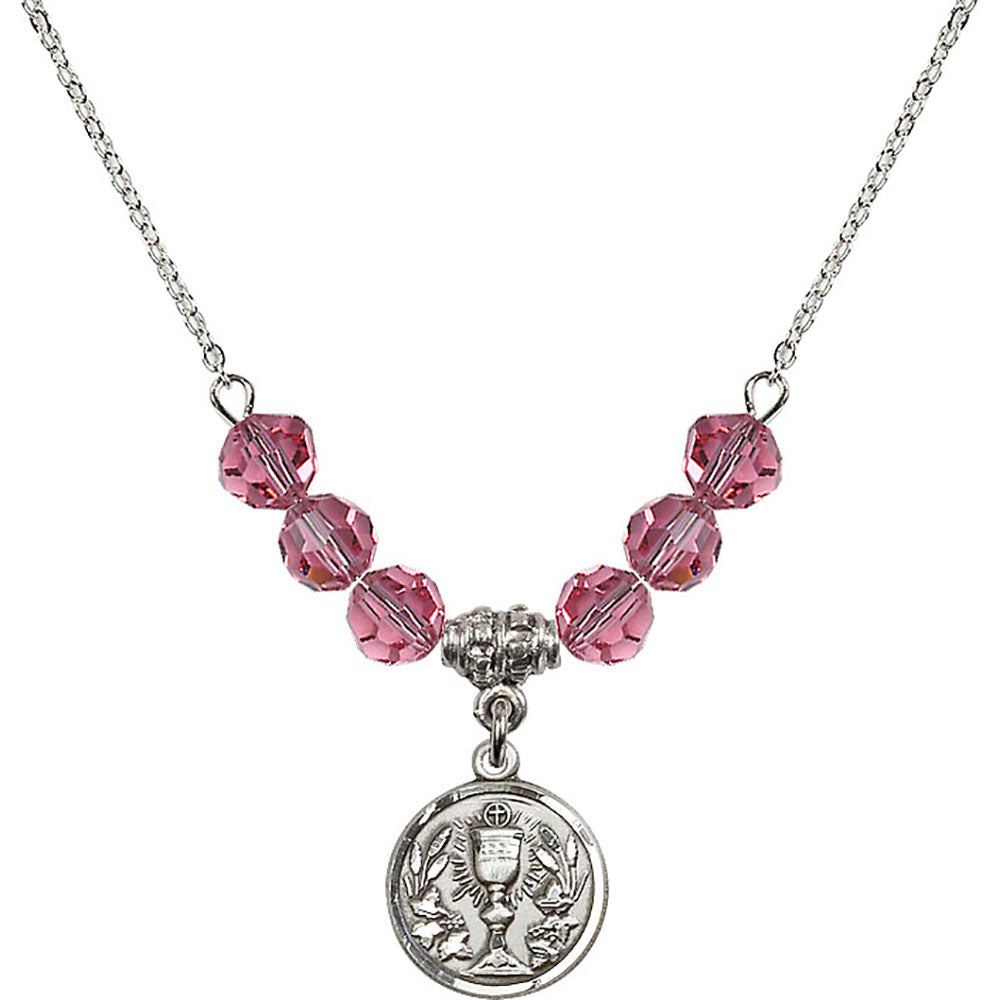 Sterling Silver Communion Chalice Birthstone Necklace with Rose Beads - 4203