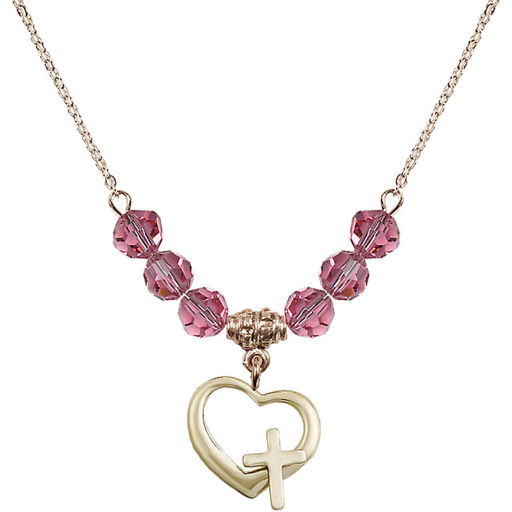 14kt Gold Filled Heart / Cross Birthstone Necklace with Rose Beads - 4207