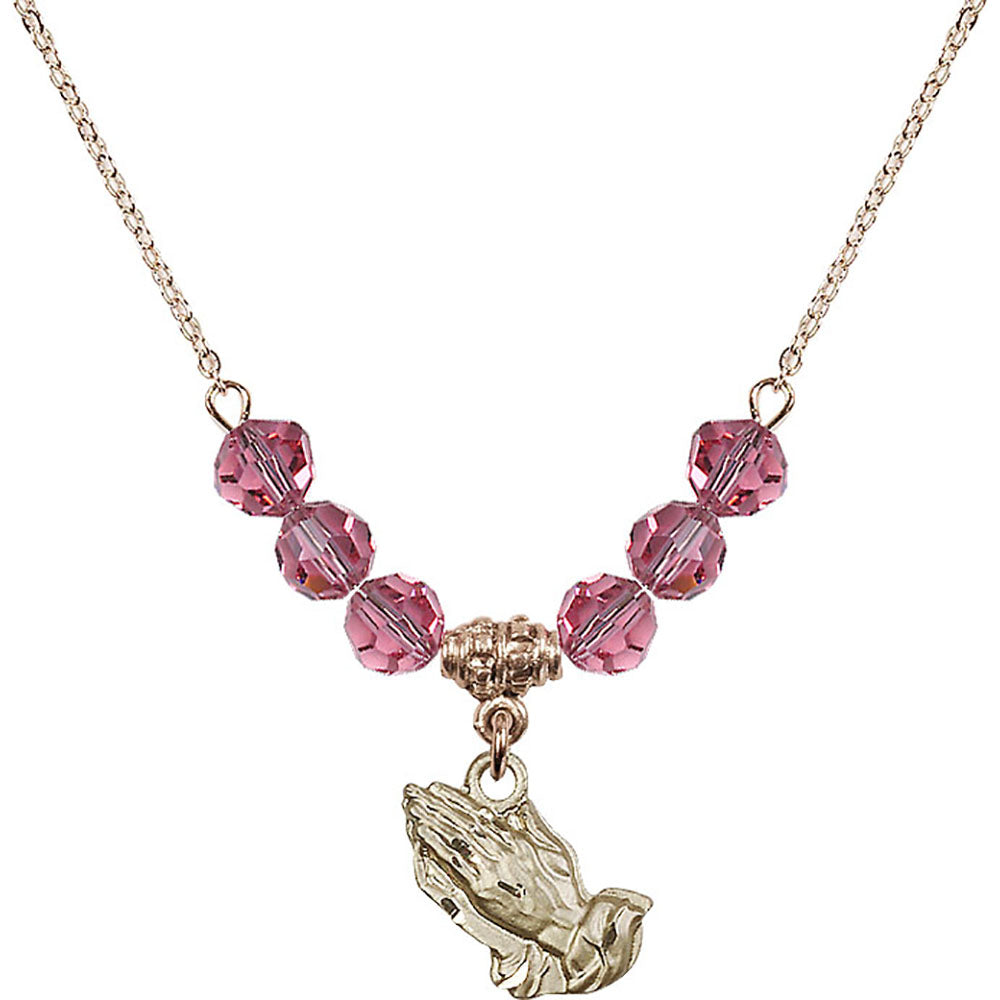 14kt Gold Filled Praying Hands Birthstone Necklace with Rose Beads - 4219
