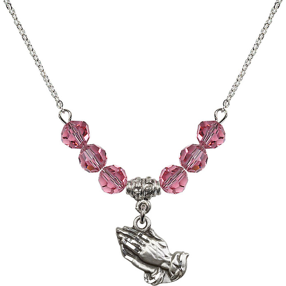 Sterling Silver Praying Hands Birthstone Necklace with Rose Beads - 4219