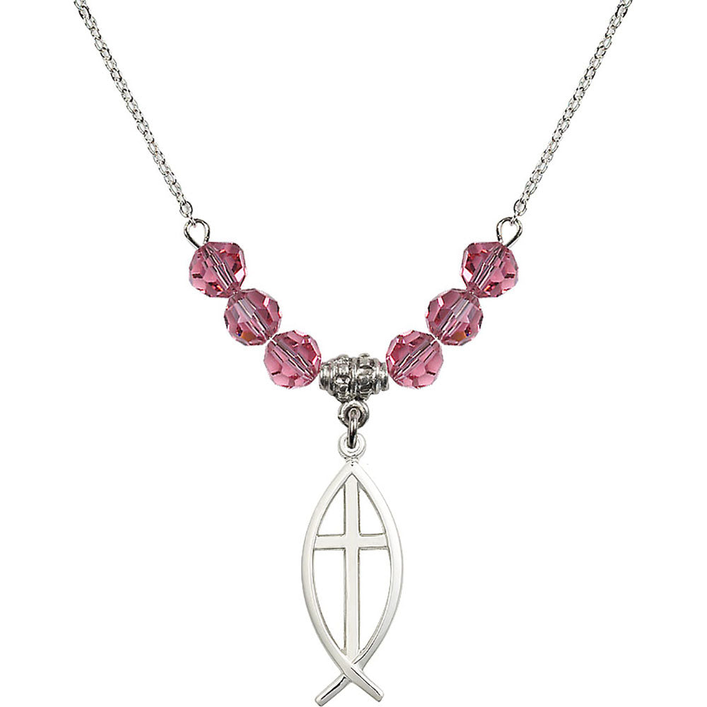 Sterling Silver Fish / Cross Birthstone Necklace with Rose Beads - 4252