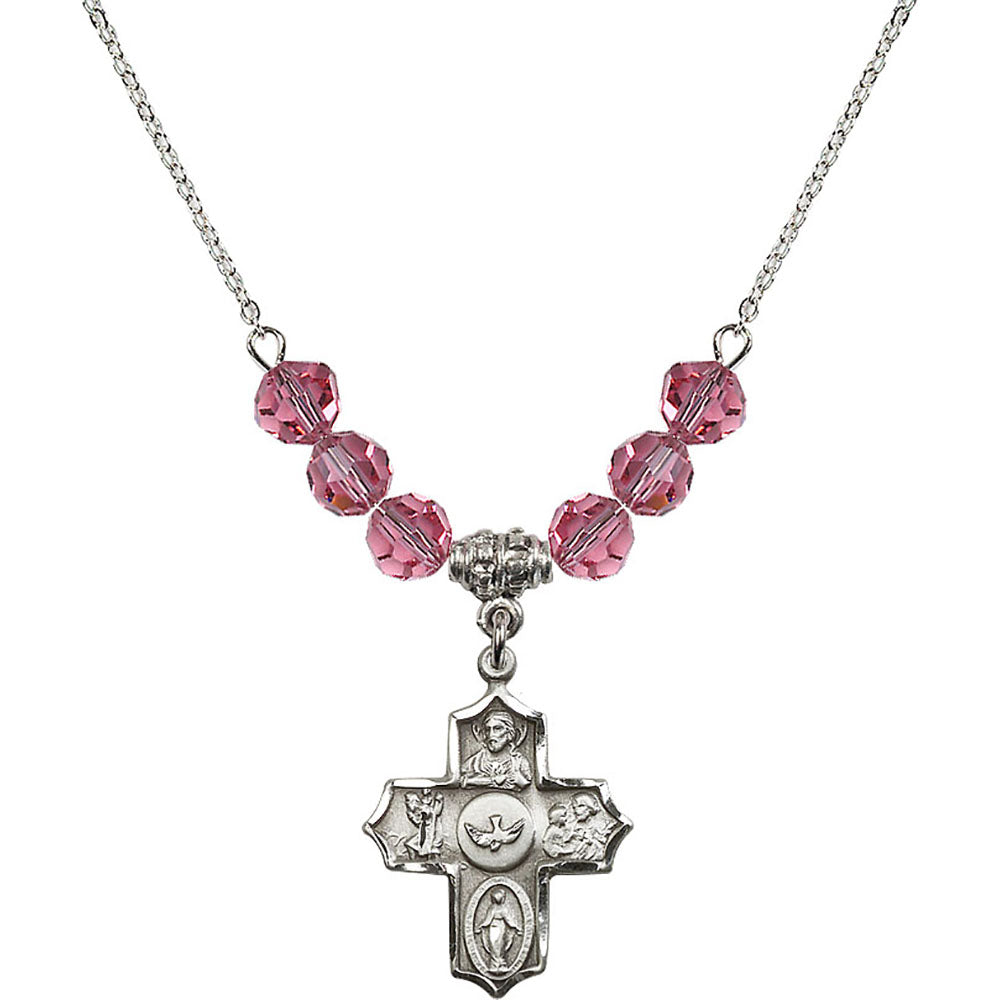 Sterling Silver 5-Way Birthstone Necklace with Rose Beads - 4255