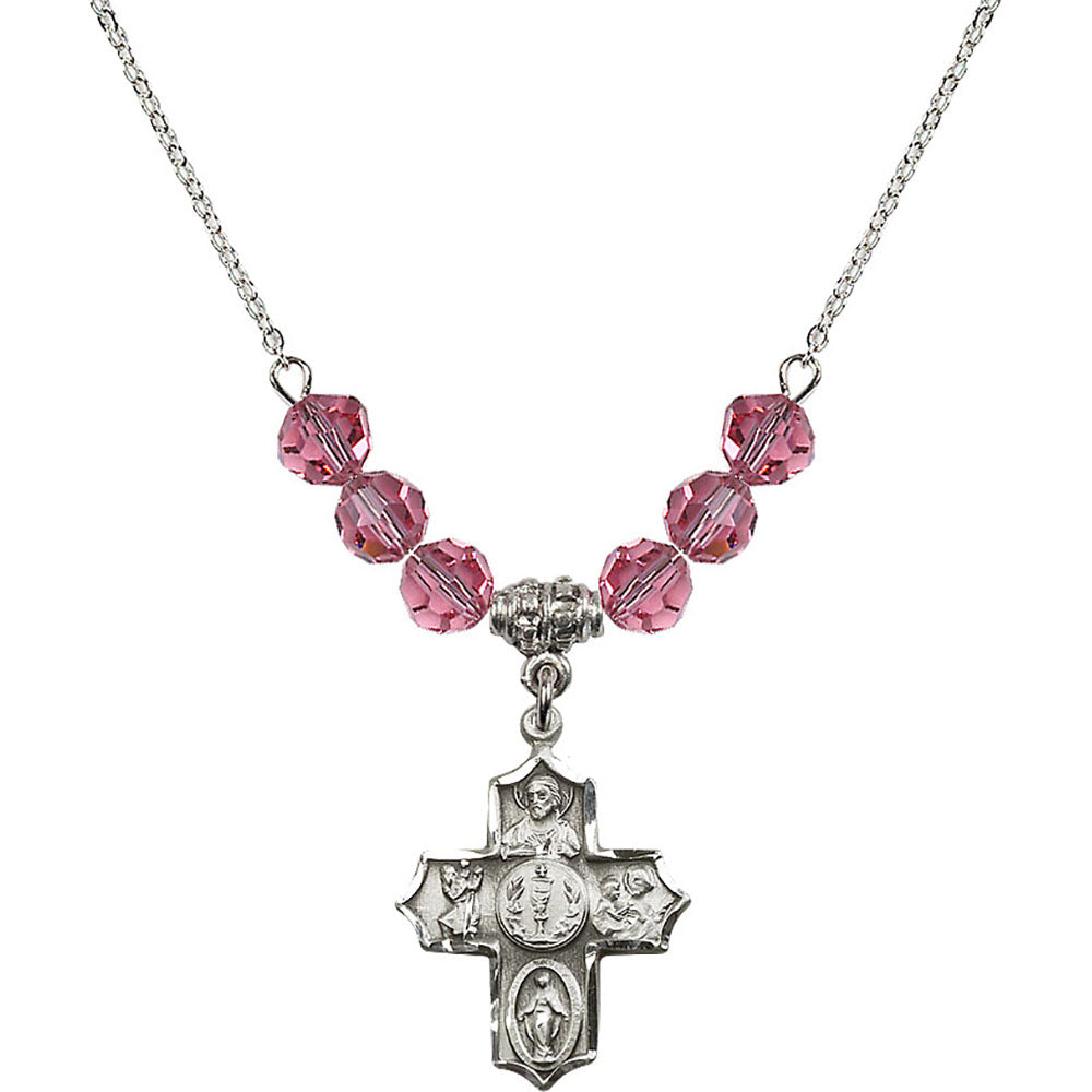 Sterling Silver 4-Way Birthstone Necklace with Rose Beads - 4256