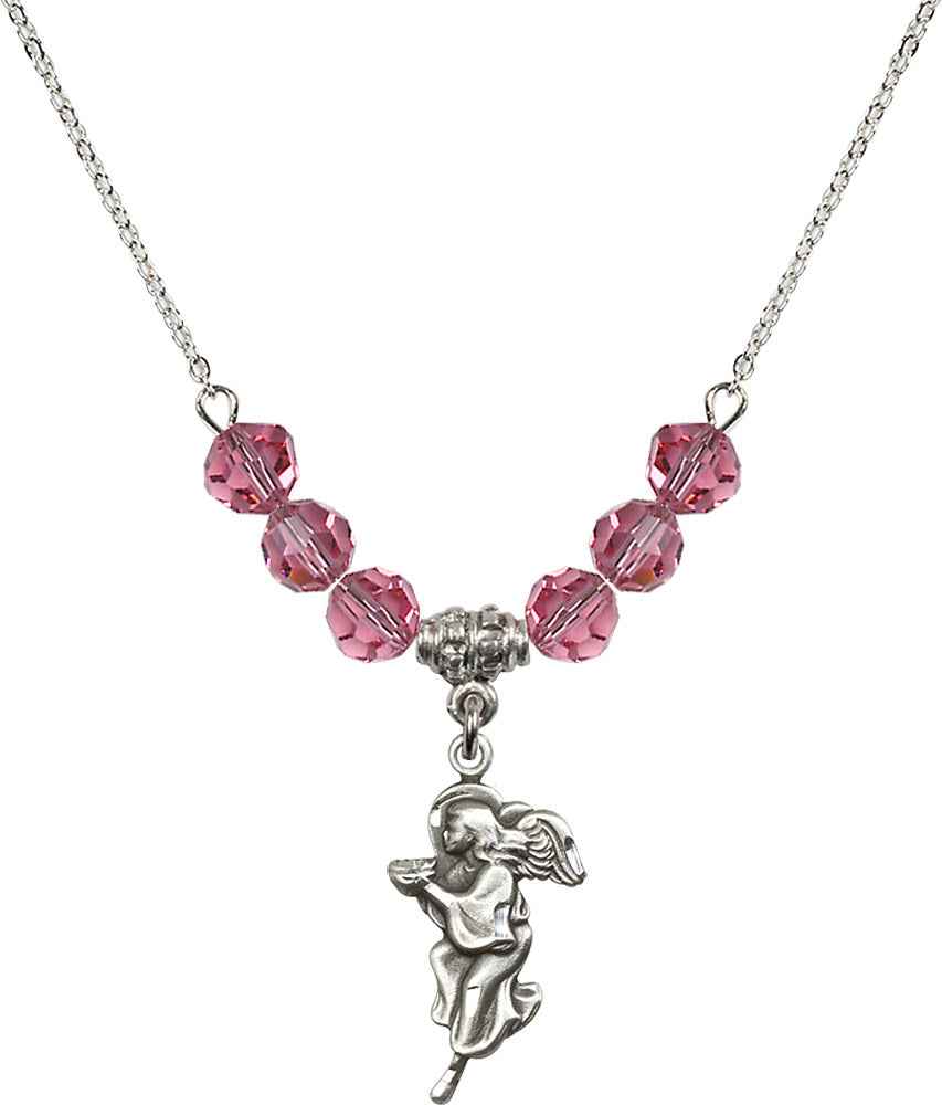 Sterling Silver Guardian Angel Birthstone Necklace with Rose Beads - 4260