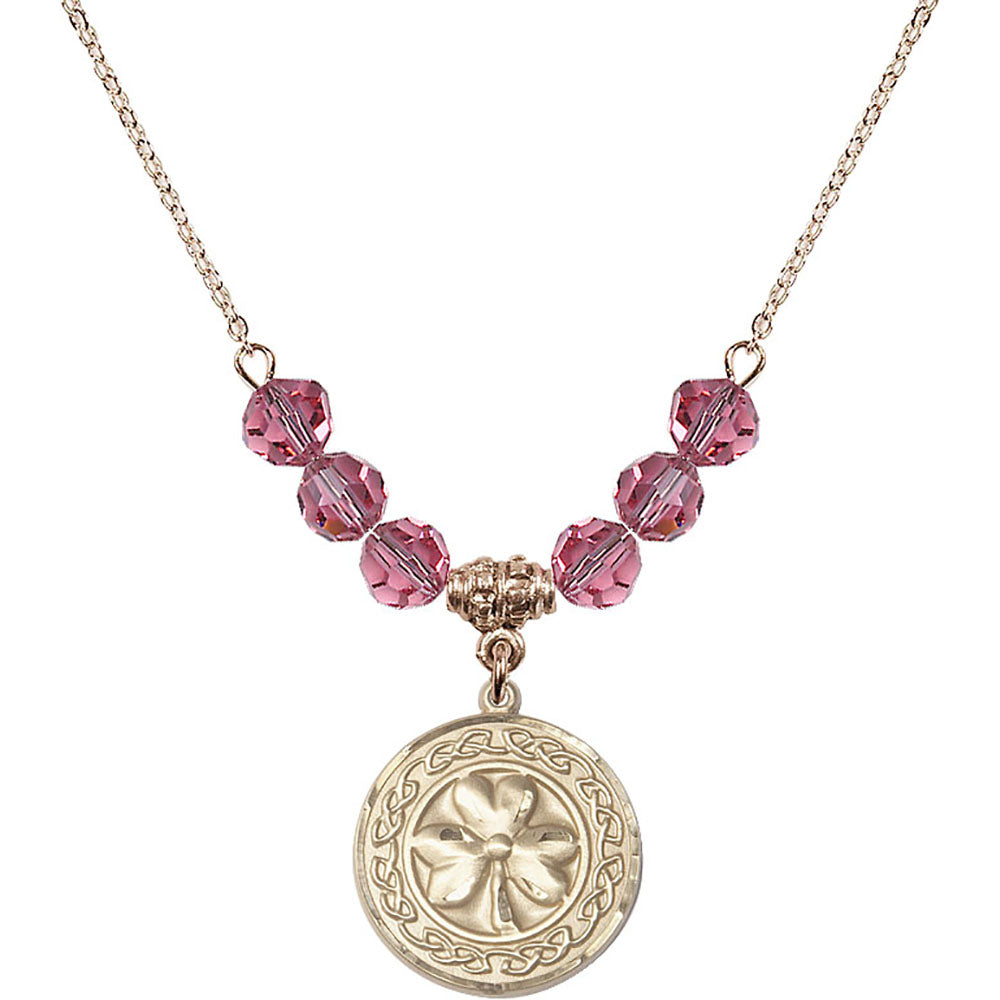 14kt Gold Filled Shamrock w/ Celtic Border Birthstone Necklace with Rose Beads - 5106