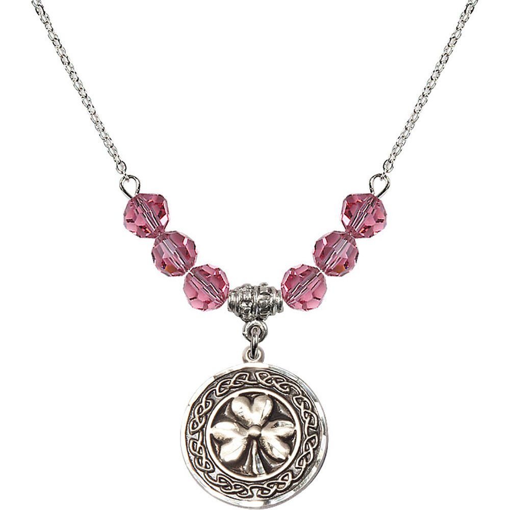 Sterling Silver Shamrock w/ Celtic Border Birthstone Necklace with Rose Beads - 5106